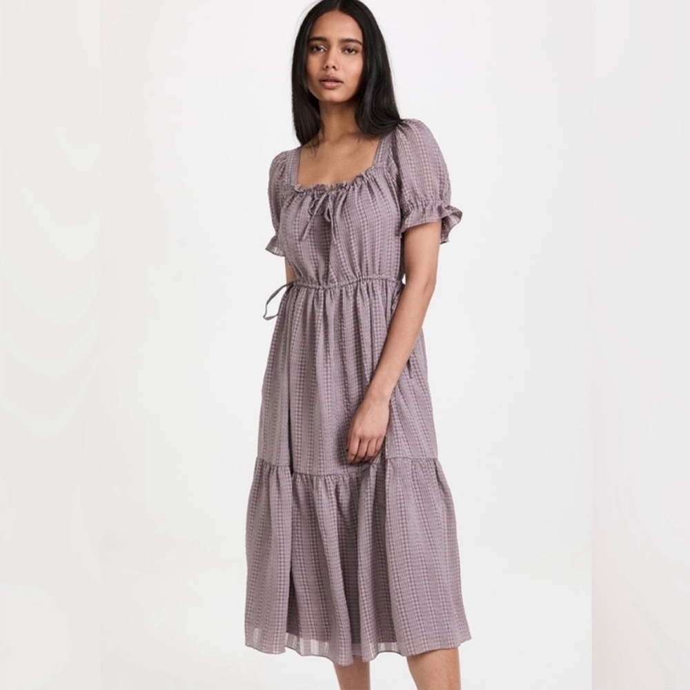 Madewell Tiered Dress Textured Seersucker M Fig Purple Milkmaid Pockets Lined